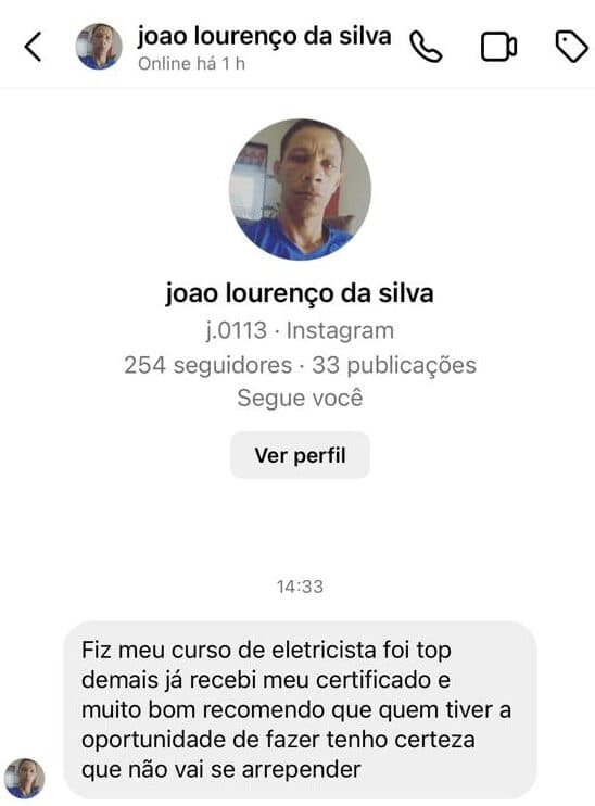 Depoimento de aluno sobre o curso de eletricista profissional
